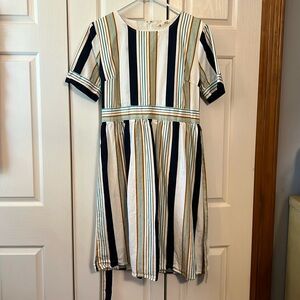 Orange Creek navy, gold, and green striped dress with belt. LG